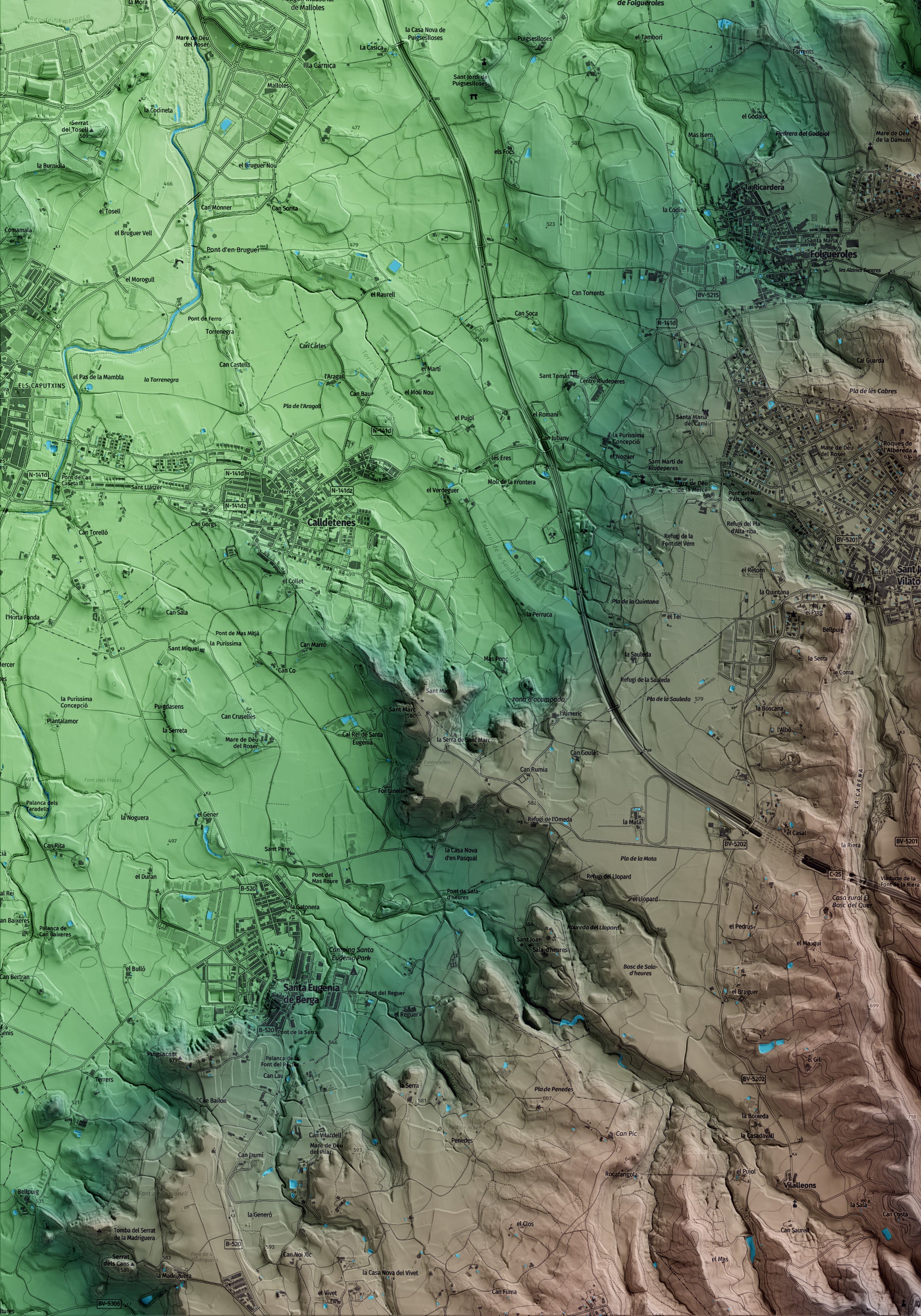 Mapa artístico del relieve de Tavèrnoles, a Osona, con 15 km de entorno y base topográfica ICGC. Detalle de la zona inferior izquierda.