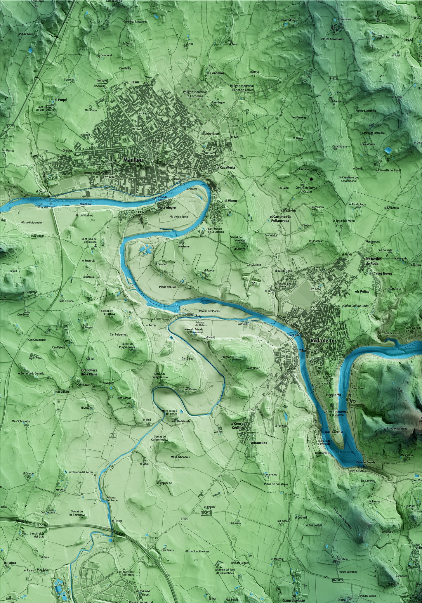 Mapa artístico del relieve de Tavèrnoles, a Osona, con 15 km de entorno y base topográfica ICGC. Detalle de la zona superior izquierda.