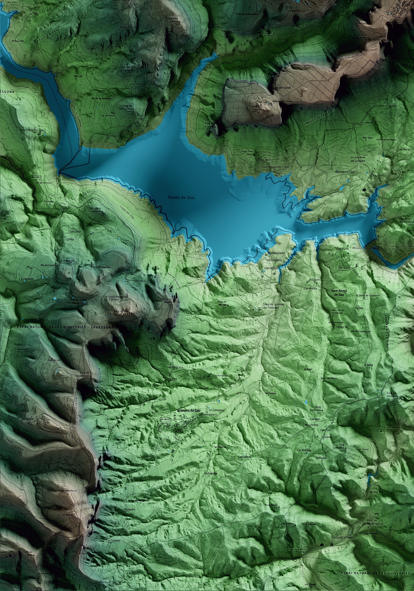 Mapa artístico del relieve de Tavertet, a Osona, con 15 km de entorno y base topográfica ICGC. Detalle de la zona inferior izquierda.
