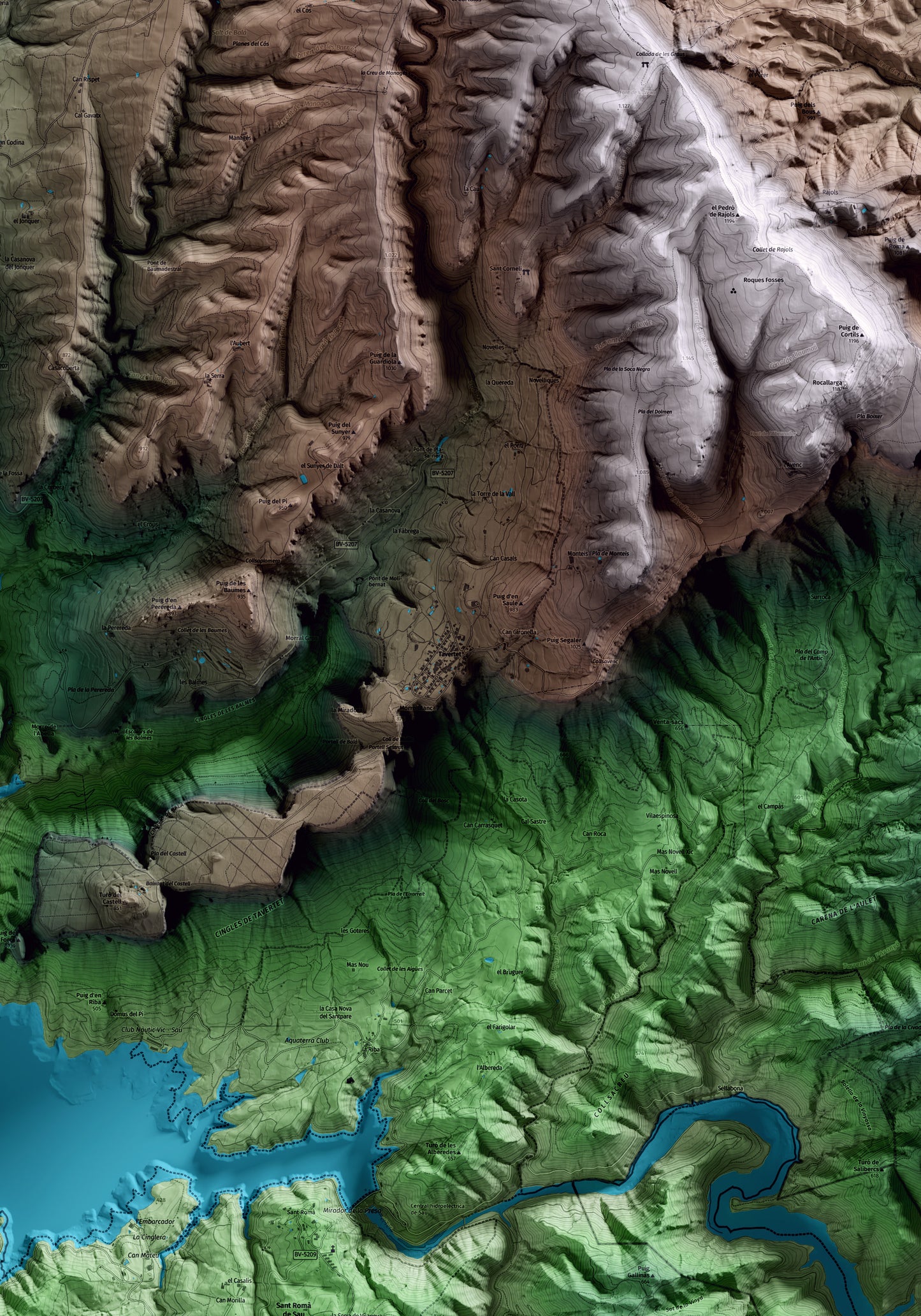 Mapa artístico del relieve de Tavertet, a Osona, con 15 km de entorno y base topográfica ICGC. Detalle de la zona central.