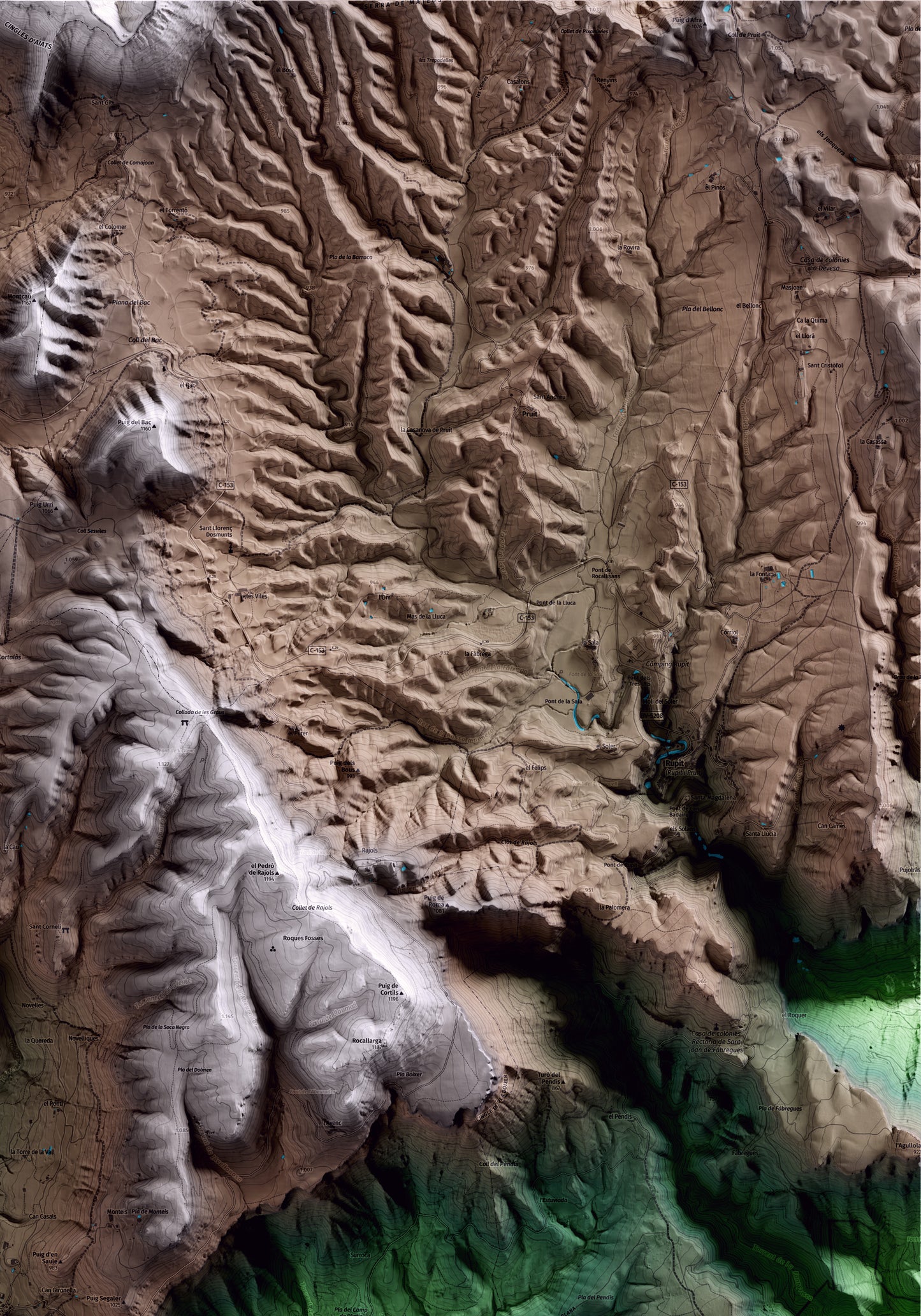 Mapa artístico del relieve de Tavertet, a Osona, con 15 km de entorno y base topográfica ICGC. Detalle de la zona superior derecha.