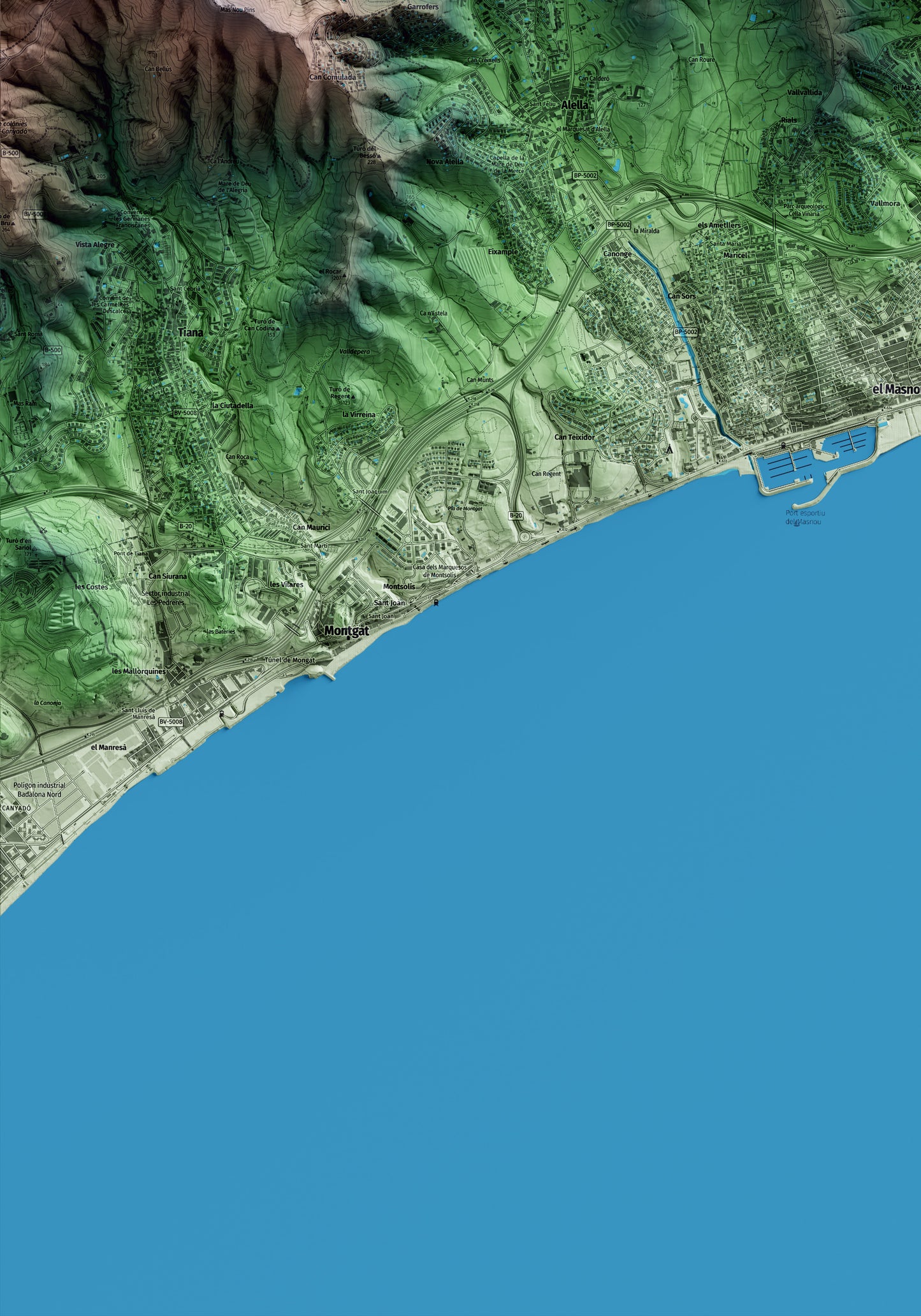Mapa artístico del relieve de Teià, al Maresme, con 15 km de entorno y base topográfica ICGC. Detalle de la zona inferior izquierda.