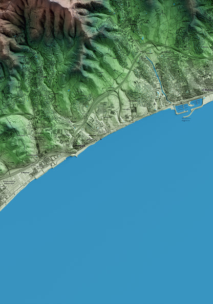 Mapa artístico del relieve de Teià, al Maresme, con 15 km de entorno y base topográfica ICGC. Detalle de la zona inferior izquierda.