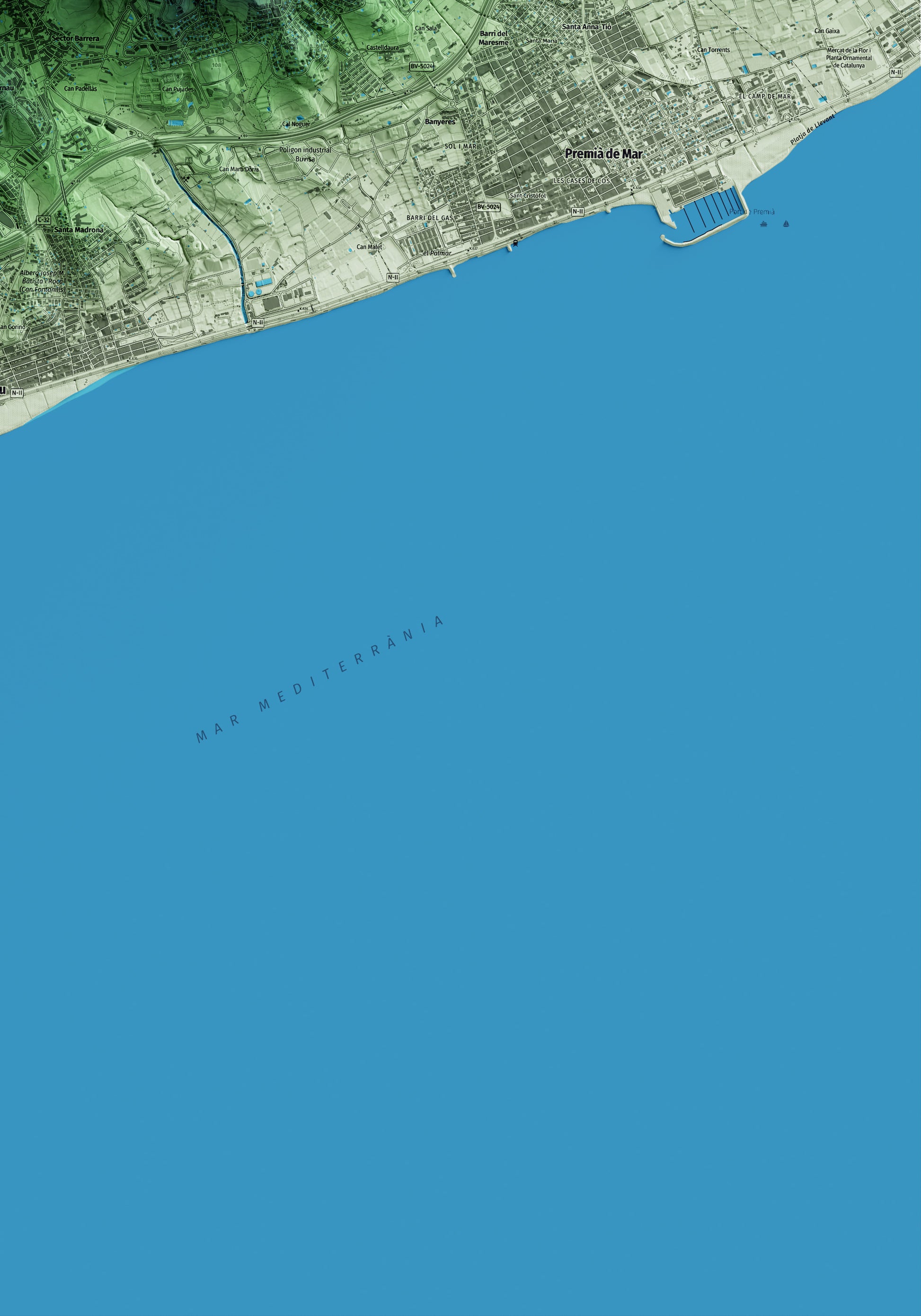Mapa artístico del relieve de Teià, al Maresme, con 15 km de entorno y base topográfica ICGC. Detalle de la zona inferior derecha.