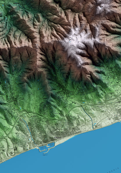 Mapa artístico del relieve de Teià, al Maresme, con 15 km de entorno y base topográfica ICGC. Detalle de la zona central.