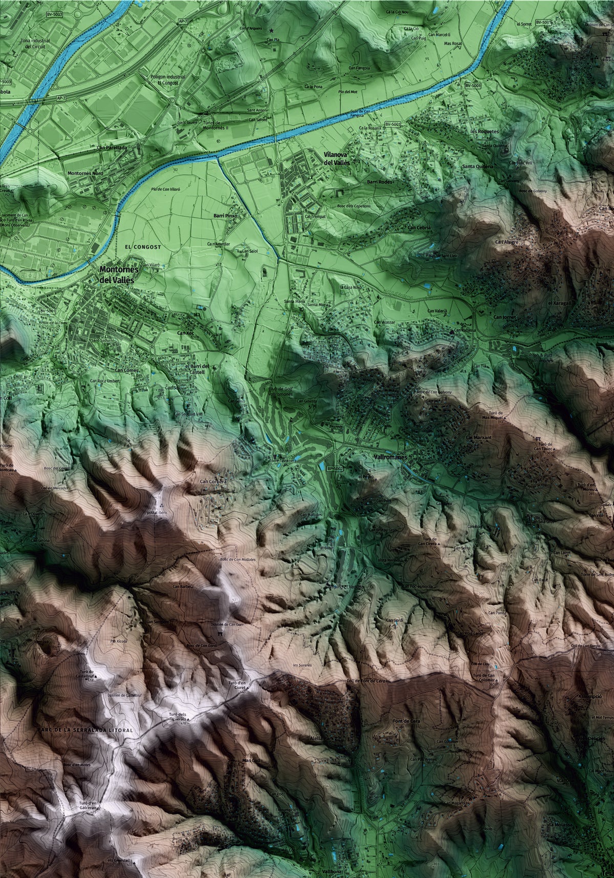 Mapa artístico del relieve de Teià, al Maresme, con 15 km de entorno y base topográfica ICGC. Detalle de la zona superior izquierda.