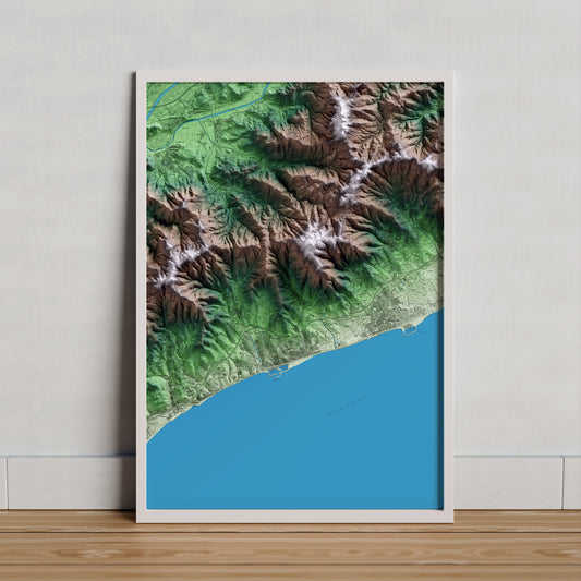 Mapa artístico del relieve de Teià, al Maresme, con 15 km de entorno y base topográfica ICGC. Presentación enmarcada.