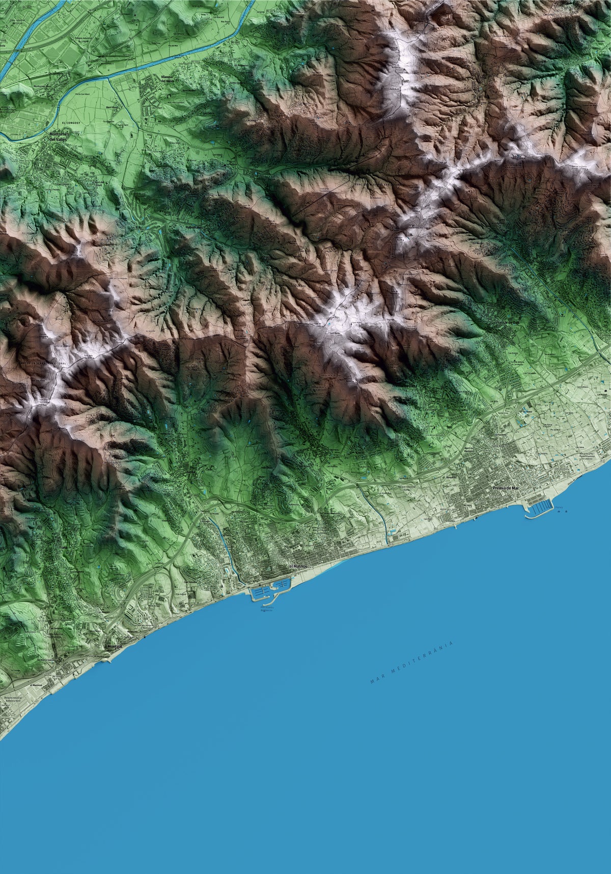 Mapa artístico del relieve de Teià, al Maresme, con 15 km de entorno y base topográfica ICGC
