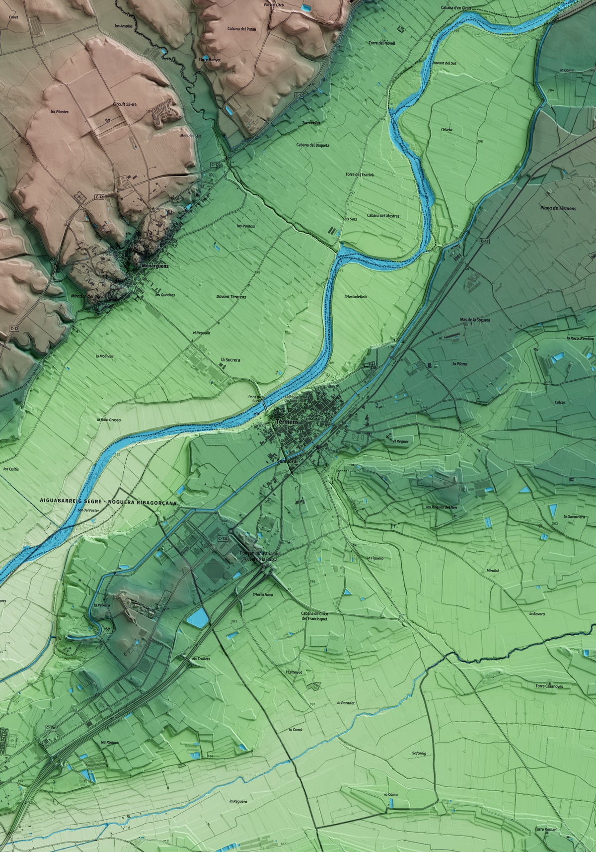 Mapa artístico del relieve de Térmens, a la Noguera, con 15 km de entorno y base topográfica ICGC. Detalle de la zona central.