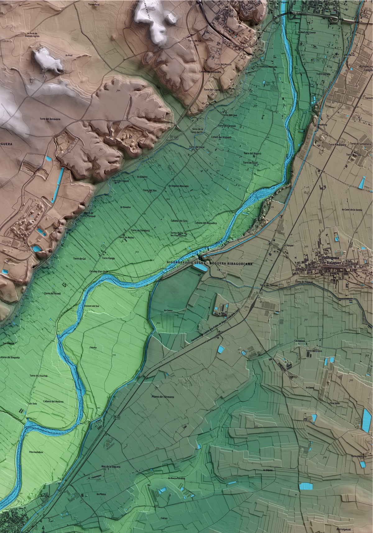 Mapa artístico del relieve de Térmens, a la Noguera, con 15 km de entorno y base topográfica ICGC. Detalle de la zona superior derecha.
