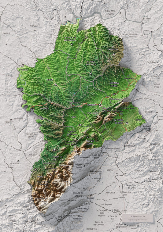 Mapa de relieve de la Terra Alta, con el territorio en color y el entorno en blanco. Vista completa de la lámina. 21 × 30 cm. Estilo Clásico.