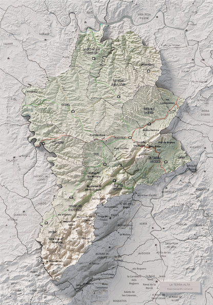 Mapa de relleu de la Terra Alta, amb el territori en color i l’entorn en blanc. Vista completa de la làmina. 21 × 30 cm. Estil Cartogràfic.