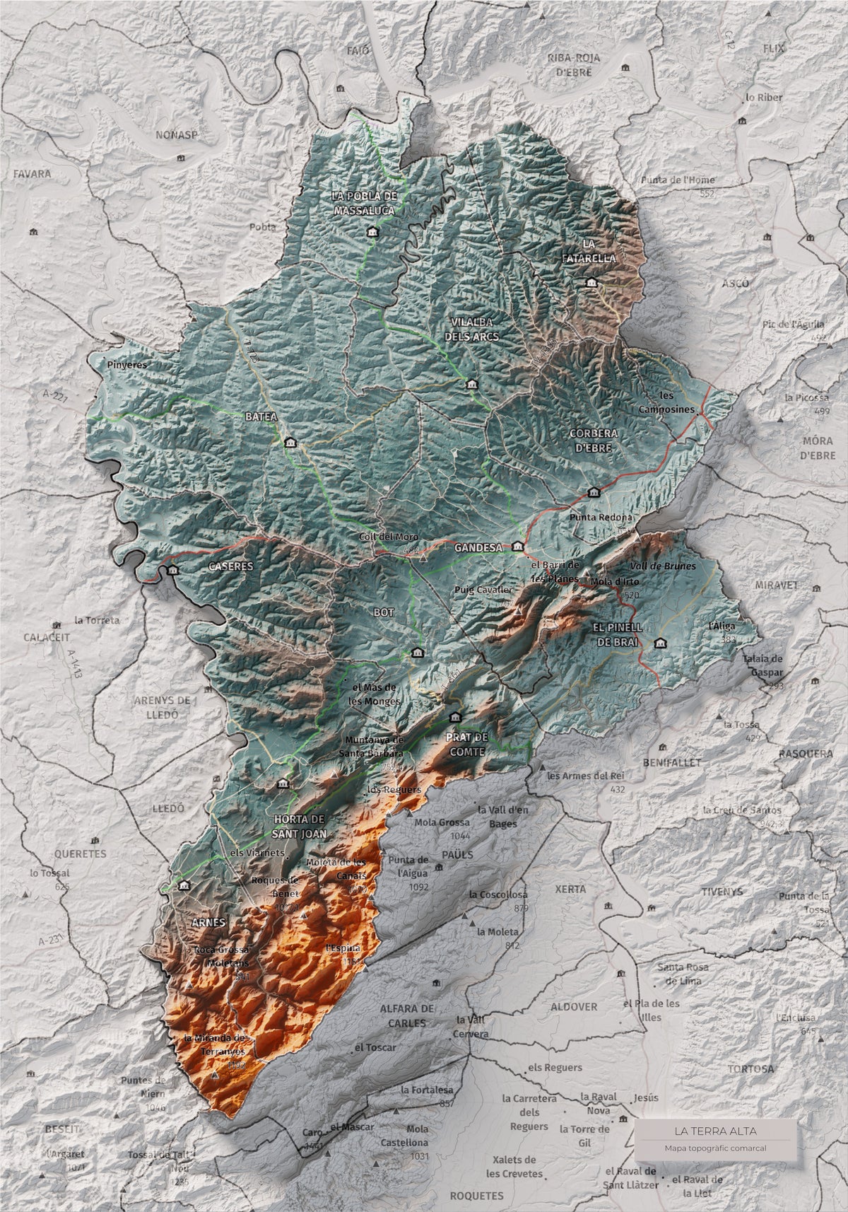 Mapa de relleu de la Terra Alta, amb el territori en color i l’entorn en blanc. Vista completa de la làmina. 21 × 30 cm. Estil Blau i taronja.