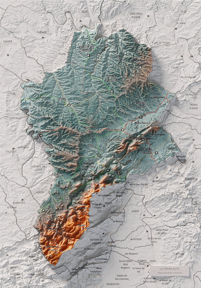 Mapa de relleu de la Terra Alta, amb el territori en color i l’entorn en blanc. Vista completa de la làmina. 21 × 30 cm. Estil Blau i taronja.