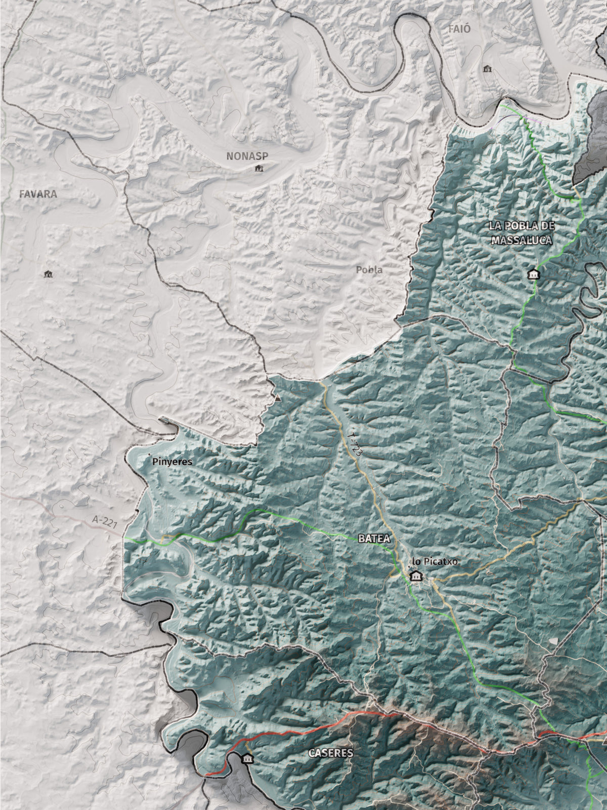 Mapa de relleu de la Terra Alta, amb el territori en color i l’entorn en blanc. Detall de la part superior esquerra. 30 × 40 cm. Estil Blau i taronja.