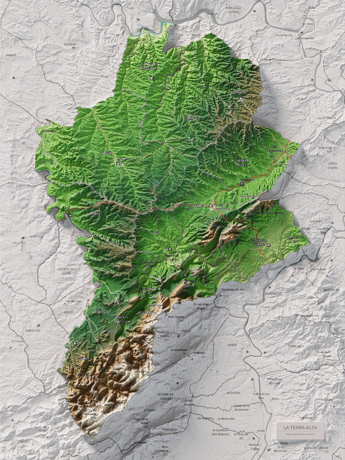 Mapa de relleu de la Terra Alta, amb el territori en color i l’entorn en blanc. Vista completa de la làmina. 30 × 40 cm. Estil Clàssic.