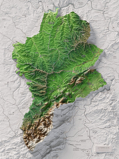 Mapa de relleu de la Terra Alta, amb el territori en color i l’entorn en blanc. Vista completa de la làmina. 30 × 40 cm. Estil Clàssic.