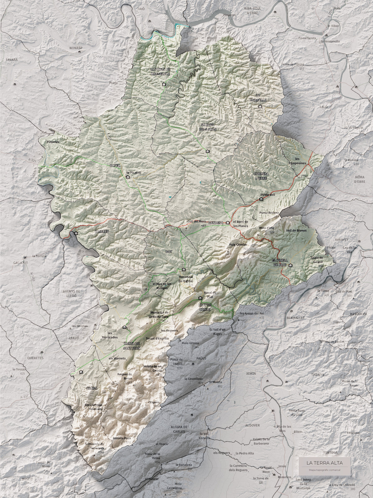 Mapa de relleu de la Terra Alta, amb el territori en color i l’entorn en blanc. Vista completa de la làmina. 30 × 40 cm. Estil Cartogràfic.