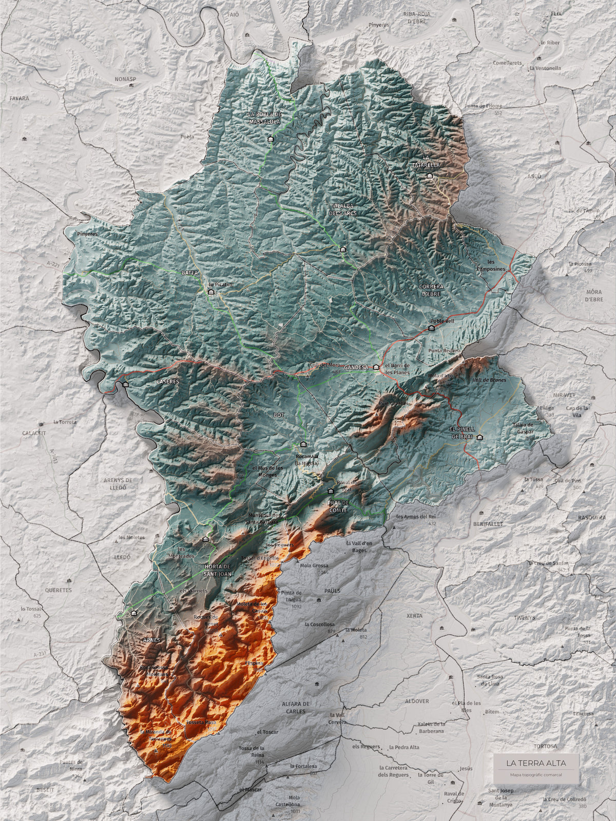 Mapa de relleu de la Terra Alta, amb el territori en color i l’entorn en blanc. Vista completa de la làmina. 30 × 40 cm. Estil Blau i taronja.