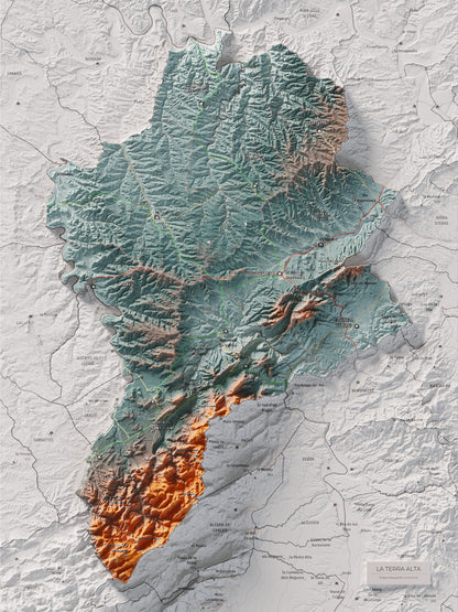 Mapa de relleu de la Terra Alta, amb el territori en color i l’entorn en blanc. Vista completa de la làmina. 30 × 40 cm. Estil Blau i taronja.
