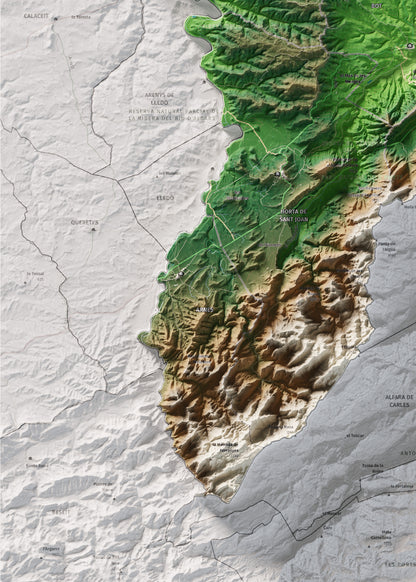 Mapa de relleu de la Terra Alta, amb el territori en color i l’entorn en blanc. Detall de la part inferior esquerra. 50 × 70 cm. Estil Clàssic.