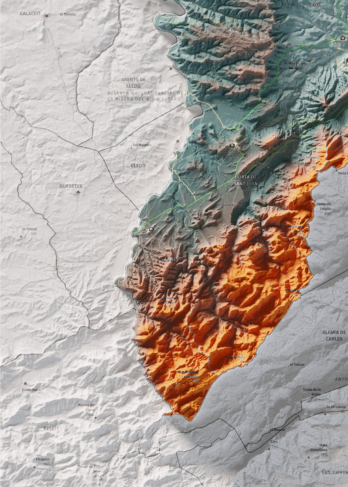 Mapa de relleu de la Terra Alta, amb el territori en color i l’entorn en blanc. Detall de la part inferior esquerra. 50 × 70 cm. Estil Blau i taronja.