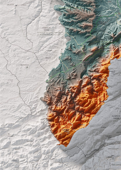Mapa de relleu de la Terra Alta, amb el territori en color i l’entorn en blanc. Detall de la part inferior esquerra. 50 × 70 cm. Estil Blau i taronja.