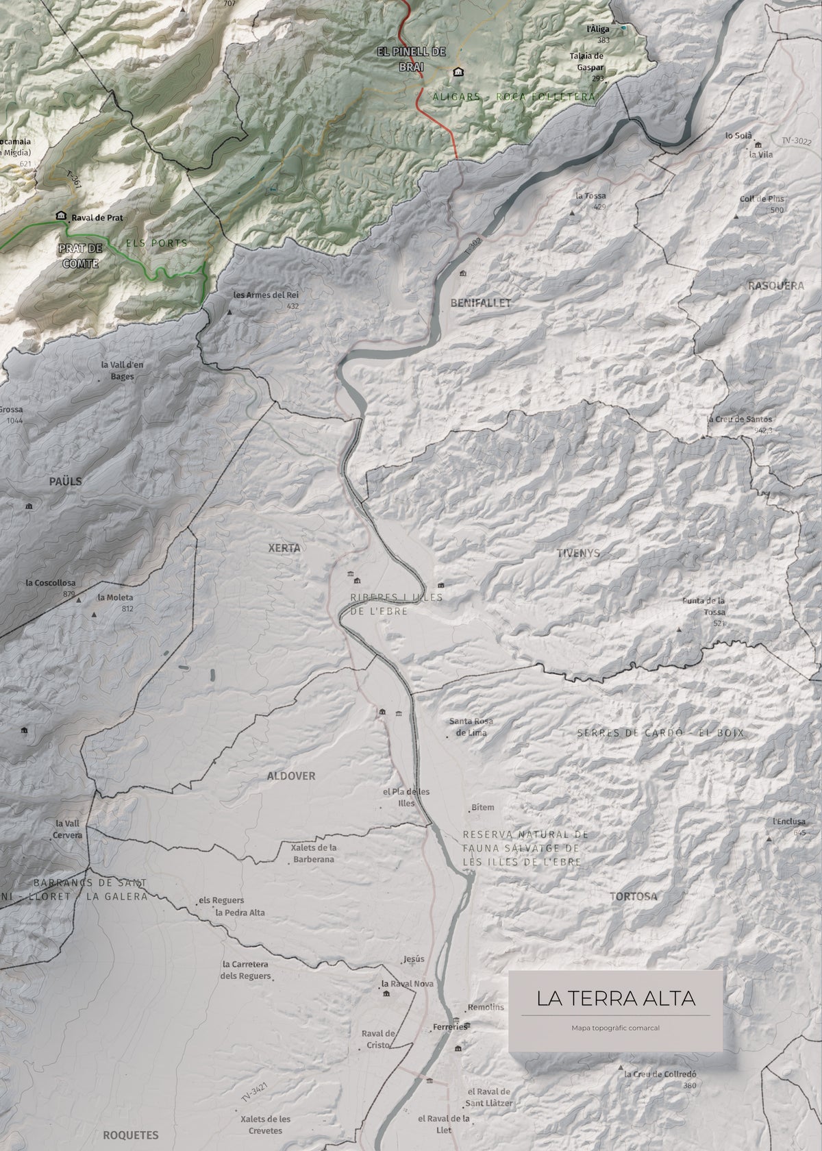 Mapa de relleu de la Terra Alta, amb el territori en color i l’entorn en blanc. Detall de la part inferior dreta. 50 × 70 cm. Estil Cartogràfic.
