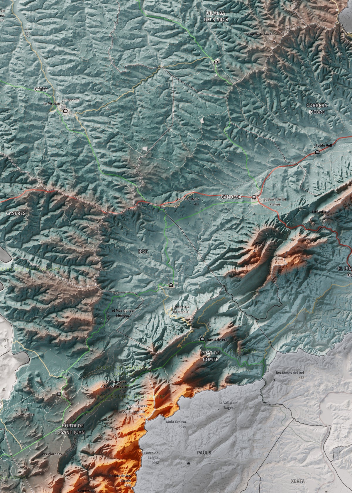 Mapa de relleu de la Terra Alta, amb el territori en color i l’entorn en blanc. Detall de la part central. 50 × 70 cm. Estil Blau i taronja.