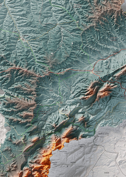 Mapa de relleu de la Terra Alta, amb el territori en color i l’entorn en blanc. Detall de la part central. 50 × 70 cm. Estil Blau i taronja.