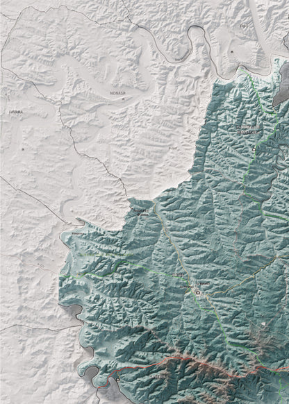 Mapa de relleu de la Terra Alta, amb el territori en color i l’entorn en blanc. Detall de la part superior esquerra. 50 × 70 cm. Estil Blau i taronja.