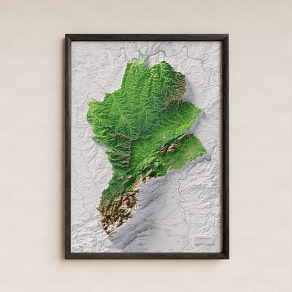 Mapa de relleu de la Terra Alta, amb el territori en color i l’entorn en blanc. Presentació amb marc. 50 × 70 cm. Estil Clàssic.