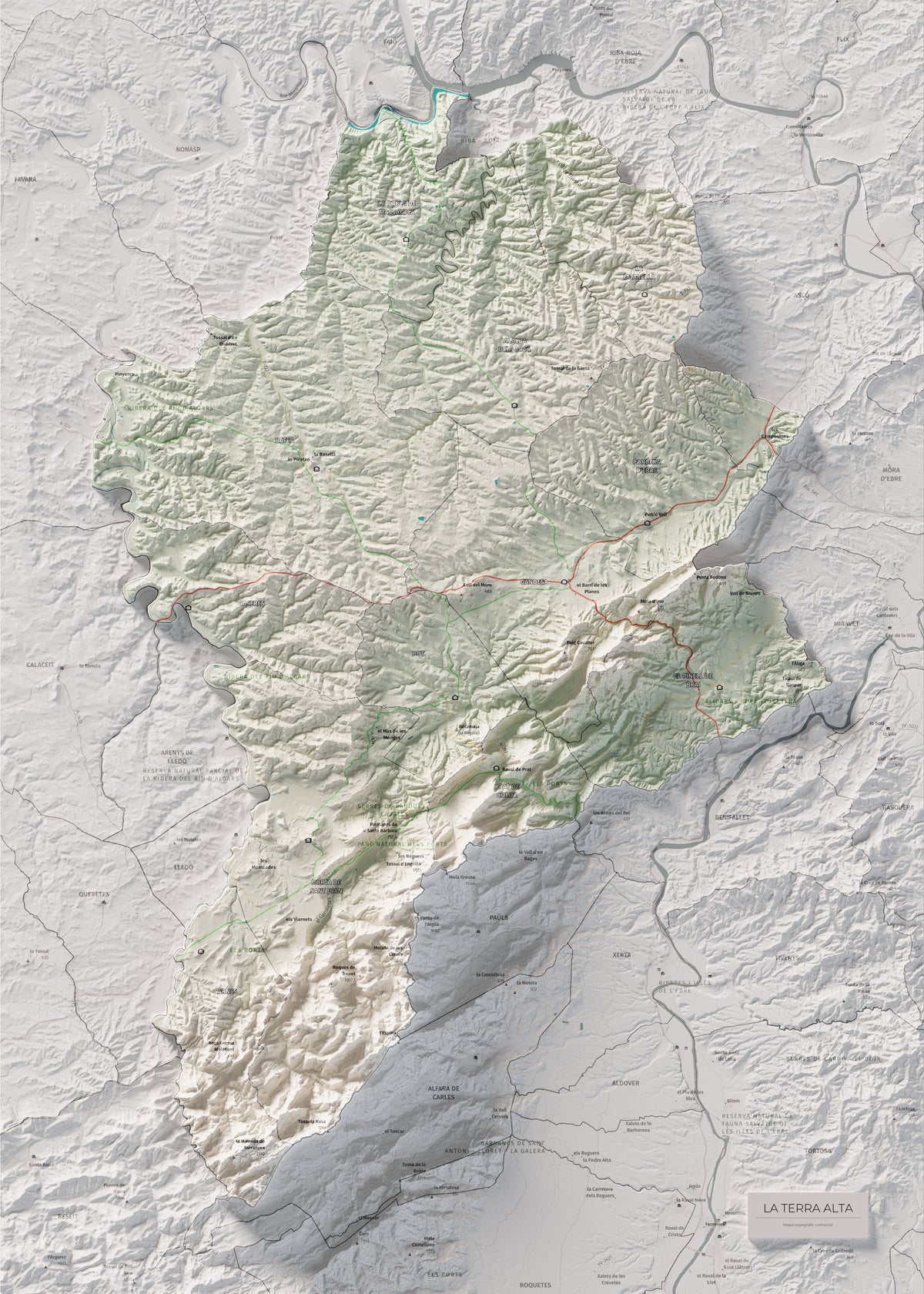 Mapa de relleu de la Terra Alta, amb el territori en color i l’entorn en blanc. Vista completa de la làmina. 50 × 70 cm. Estil Cartogràfic.