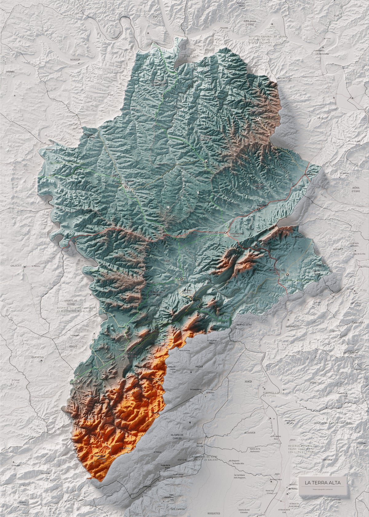Mapa de relleu de la Terra Alta, amb el territori en color i l’entorn en blanc. Vista completa de la làmina. 50 × 70 cm. Estil Blau i taronja.