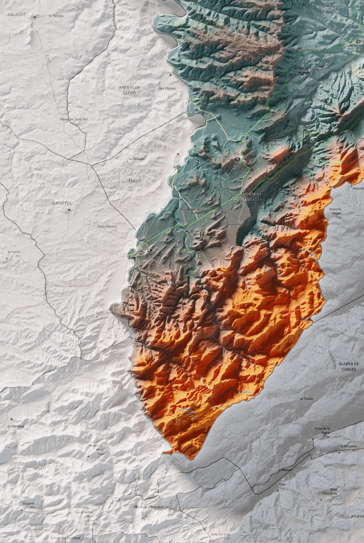 Mapa de relleu de la Terra Alta, amb el territori en color i l’entorn en blanc. Detall de la part inferior esquerra. 61 × 91 cm. Estil Blau i taronja.
