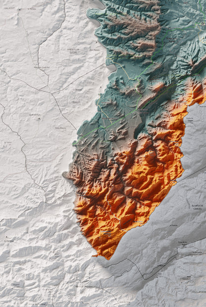 Mapa de relleu de la Terra Alta, amb el territori en color i l’entorn en blanc. Detall de la part inferior esquerra. 61 × 91 cm. Estil Blau i taronja.