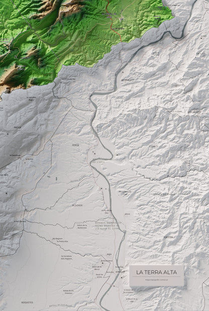 Mapa de relleu de la Terra Alta, amb el territori en color i l’entorn en blanc. Detall de la part inferior dreta. 61 × 91 cm. Estil Clàssic.