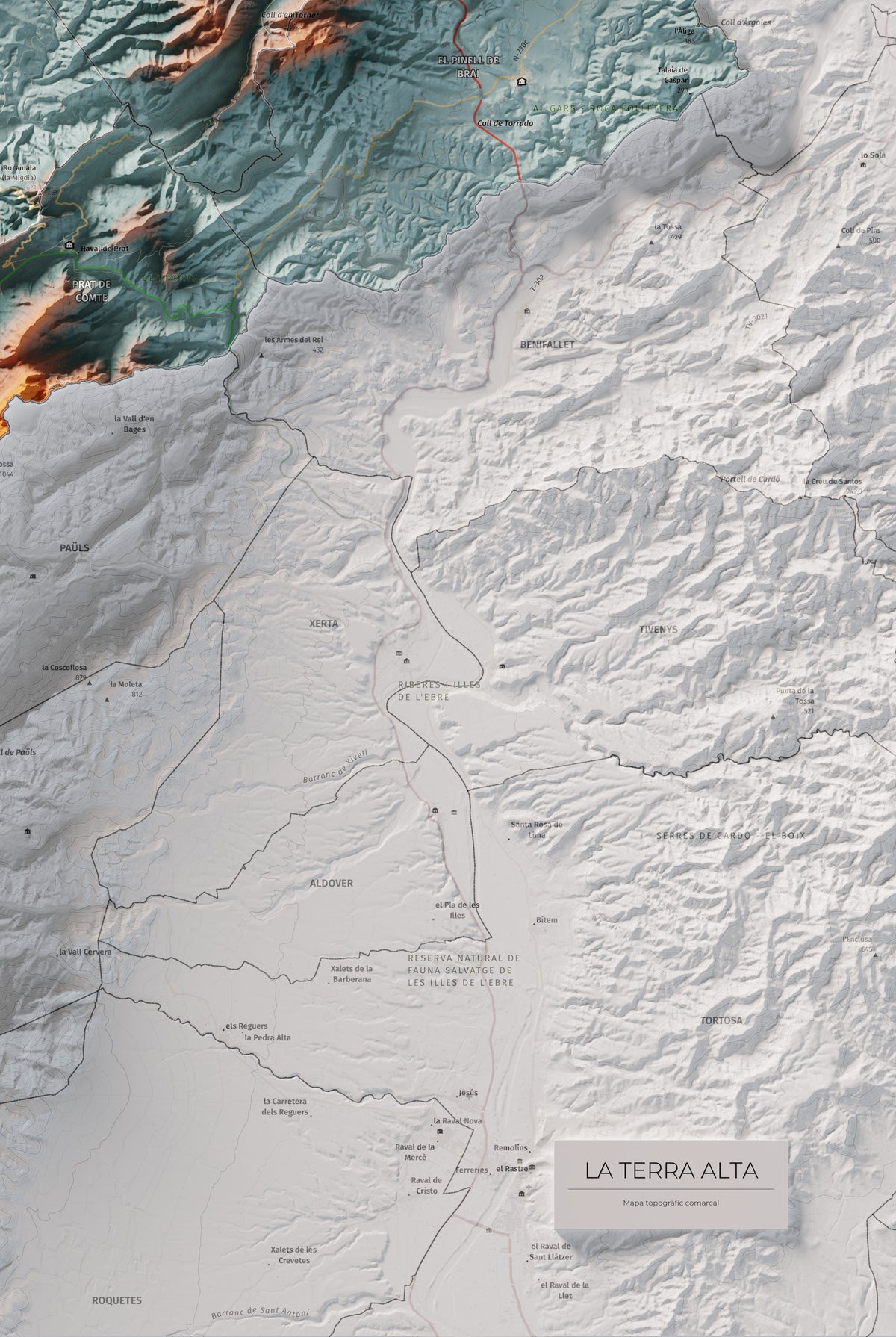 Mapa de relleu de la Terra Alta, amb el territori en color i l’entorn en blanc. Detall de la part inferior dreta. 61 × 91 cm. Estil Blau i taronja.