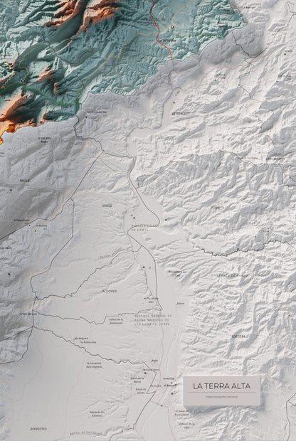 Mapa de relleu de la Terra Alta, amb el territori en color i l’entorn en blanc. Detall de la part inferior dreta. 61 × 91 cm. Estil Blau i taronja.