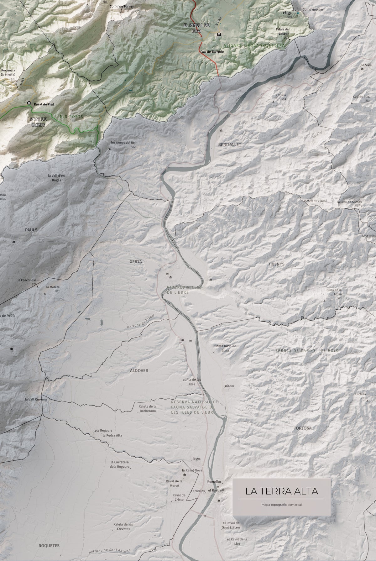 Mapa de relleu de la Terra Alta, amb el territori en color i l’entorn en blanc. Detall de la part inferior dreta. 61 × 91 cm. Estil Cartogràfic.