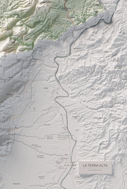 Mapa de relleu de la Terra Alta, amb el territori en color i l’entorn en blanc. Detall de la part inferior dreta. 61 × 91 cm. Estil Cartogràfic.