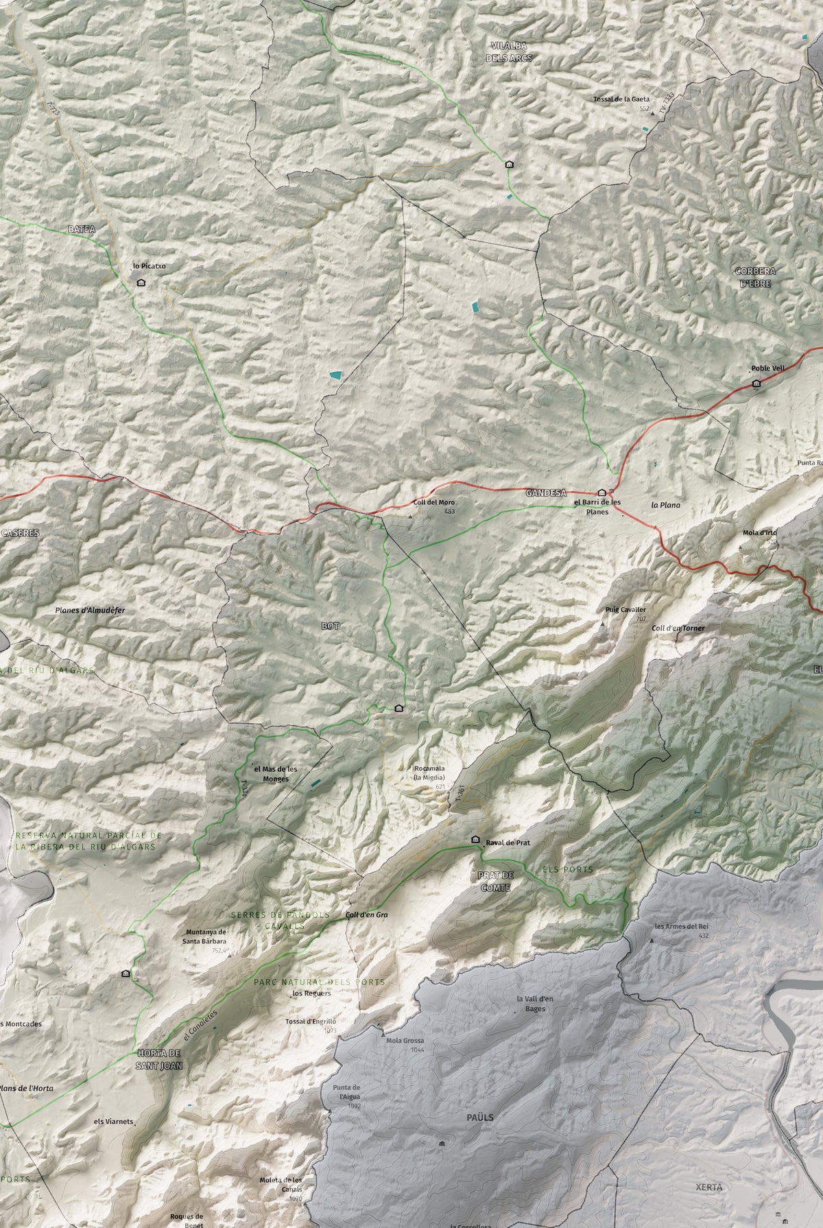 Mapa de relleu de la Terra Alta, amb el territori en color i l’entorn en blanc. Detall de la part central. 61 × 91 cm. Estil Cartogràfic.
