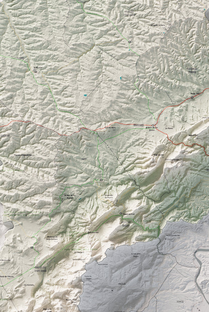 Mapa de relleu de la Terra Alta, amb el territori en color i l’entorn en blanc. Detall de la part central. 61 × 91 cm. Estil Cartogràfic.