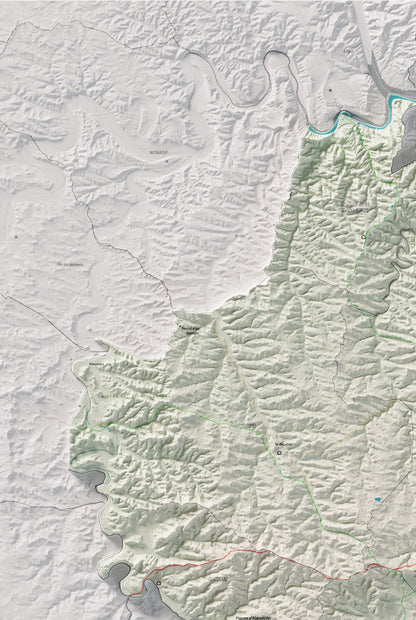 Mapa de relleu de la Terra Alta, amb el territori en color i l’entorn en blanc. Detall de la part superior esquerra. 61 × 91 cm. Estil Cartogràfic.