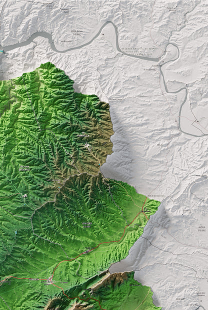 Mapa de relleu de la Terra Alta, amb el territori en color i l’entorn en blanc. Detall de la part superior dreta. 61 × 91 cm. Estil Clàssic.