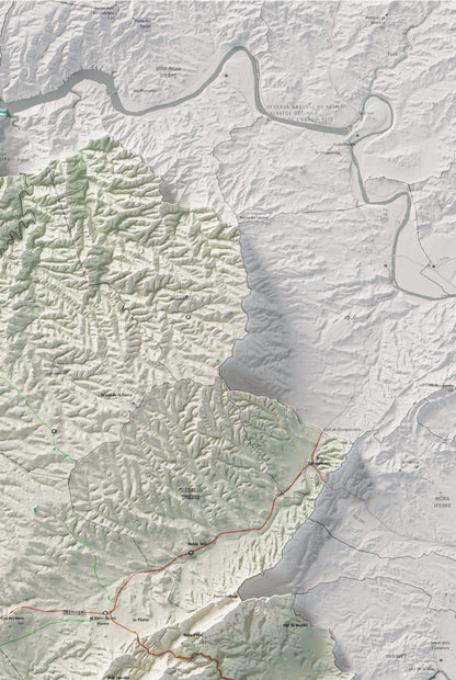 Mapa de relleu de la Terra Alta, amb el territori en color i l’entorn en blanc. Detall de la part superior dreta. 61 × 91 cm. Estil Cartogràfic.