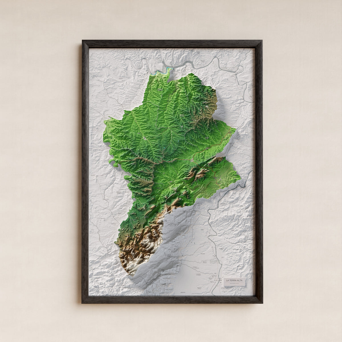 Mapa de relleu de la Terra Alta, amb el territori en color i l’entorn en blanc. Presentació amb marc. 61 × 91 cm. Estil Clàssic.