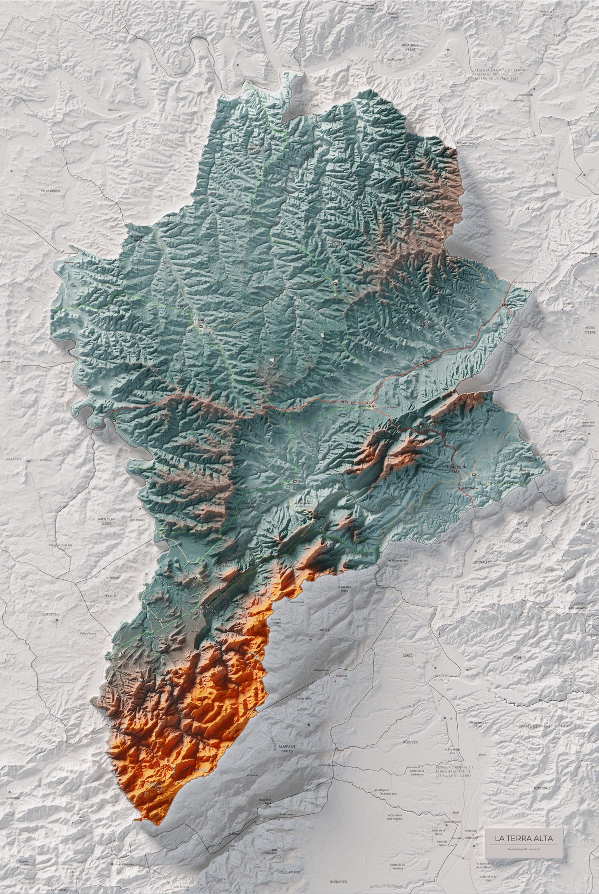 Mapa de relleu de la Terra Alta, amb el territori en color i l’entorn en blanc. Vista completa de la làmina. 61 × 91 cm. Estil Blau i taronja.