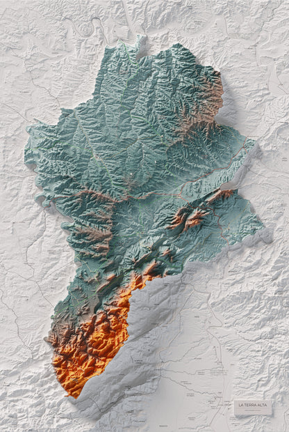 Mapa de relleu de la Terra Alta, amb el territori en color i l’entorn en blanc. Vista completa de la làmina. 61 × 91 cm. Estil Blau i taronja.
