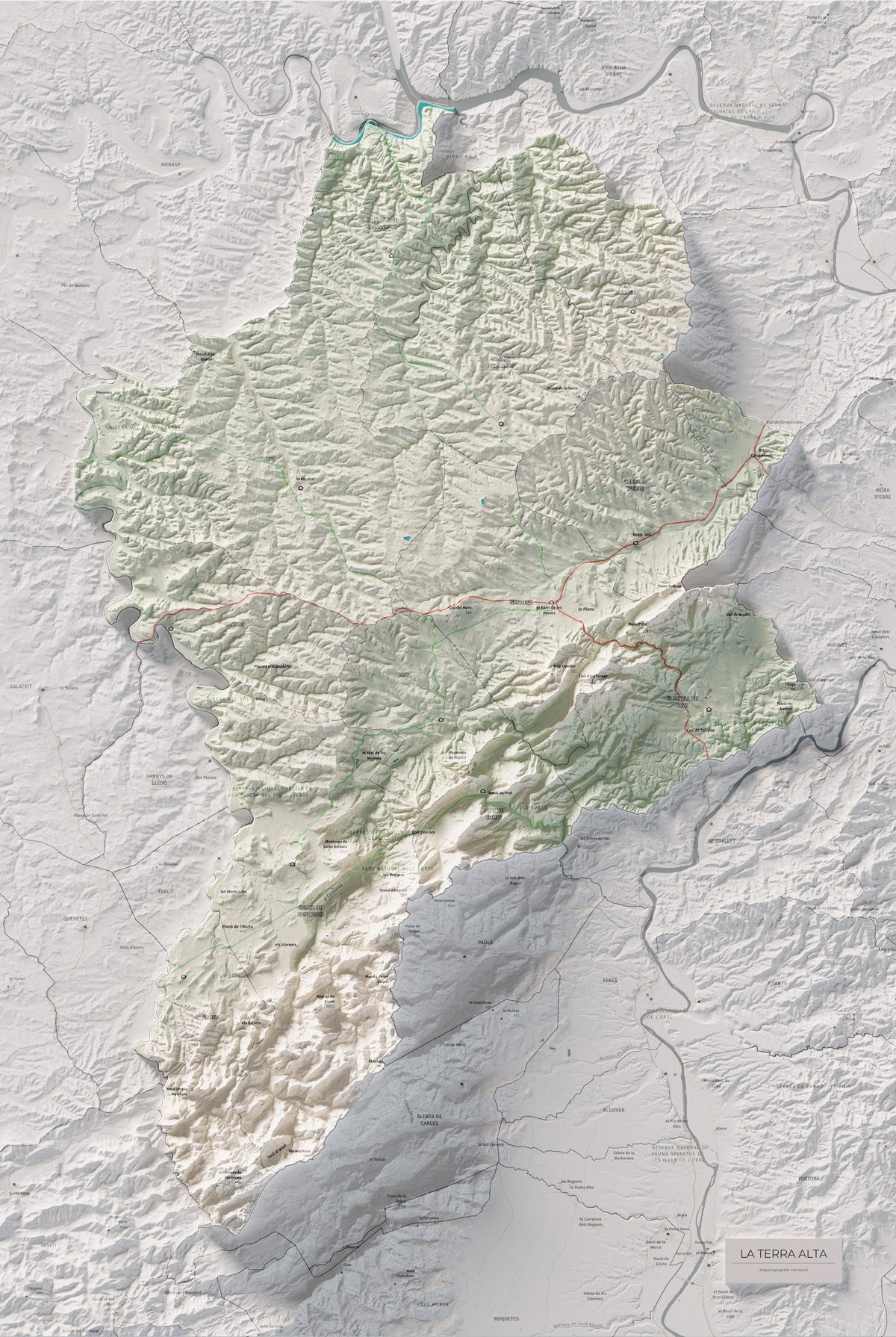 Mapa de relleu de la Terra Alta, amb el territori en color i l’entorn en blanc. Vista completa de la làmina. 61 × 91 cm. Estil Cartogràfic.